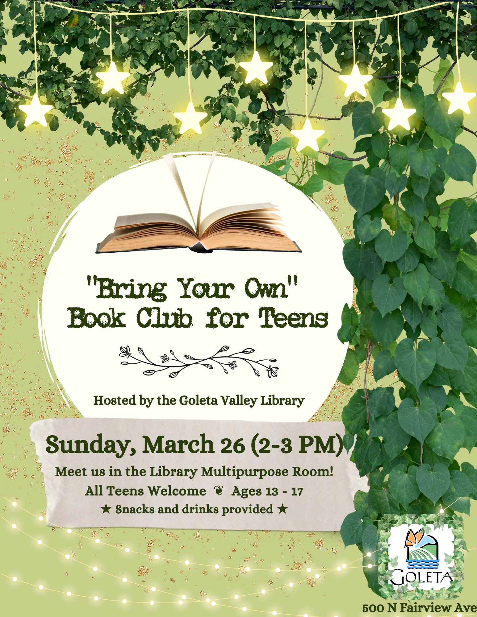 Bring Your Own Book Club for Teens Sunday March 26, 2-3pm. Meet us in the Library Multipurpose Room. All Teen Welcome. Ages 13-17. Snacks and drinks provided.