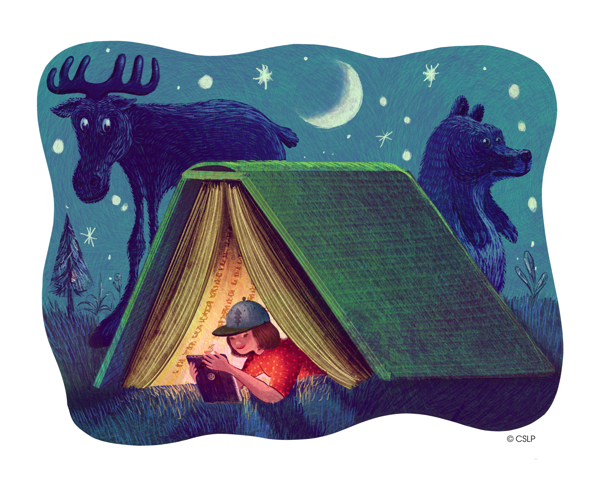 cartoon image of boy reading a book in a tent shaped like a book